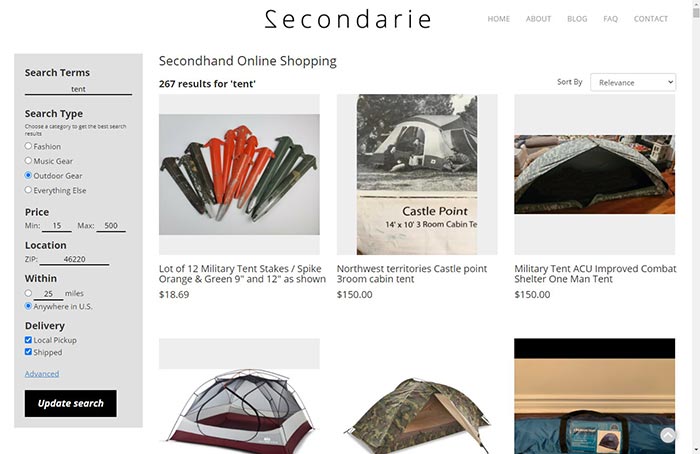 Screenshot of Secondarie search results page showing multiple camping tents